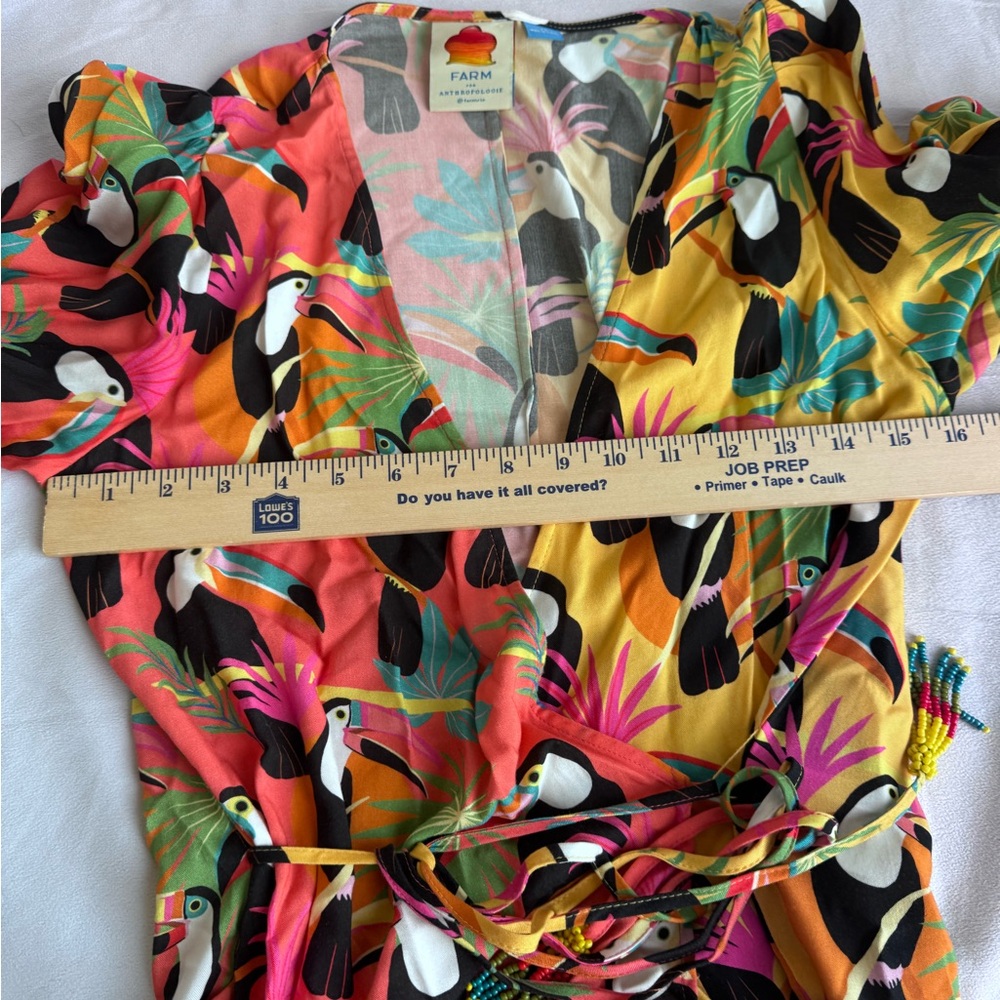 Anthropologie‎ Farm Rio Top Toucan Wrap balloon pull sleeve XS oversized bright - Picture 10 of 11